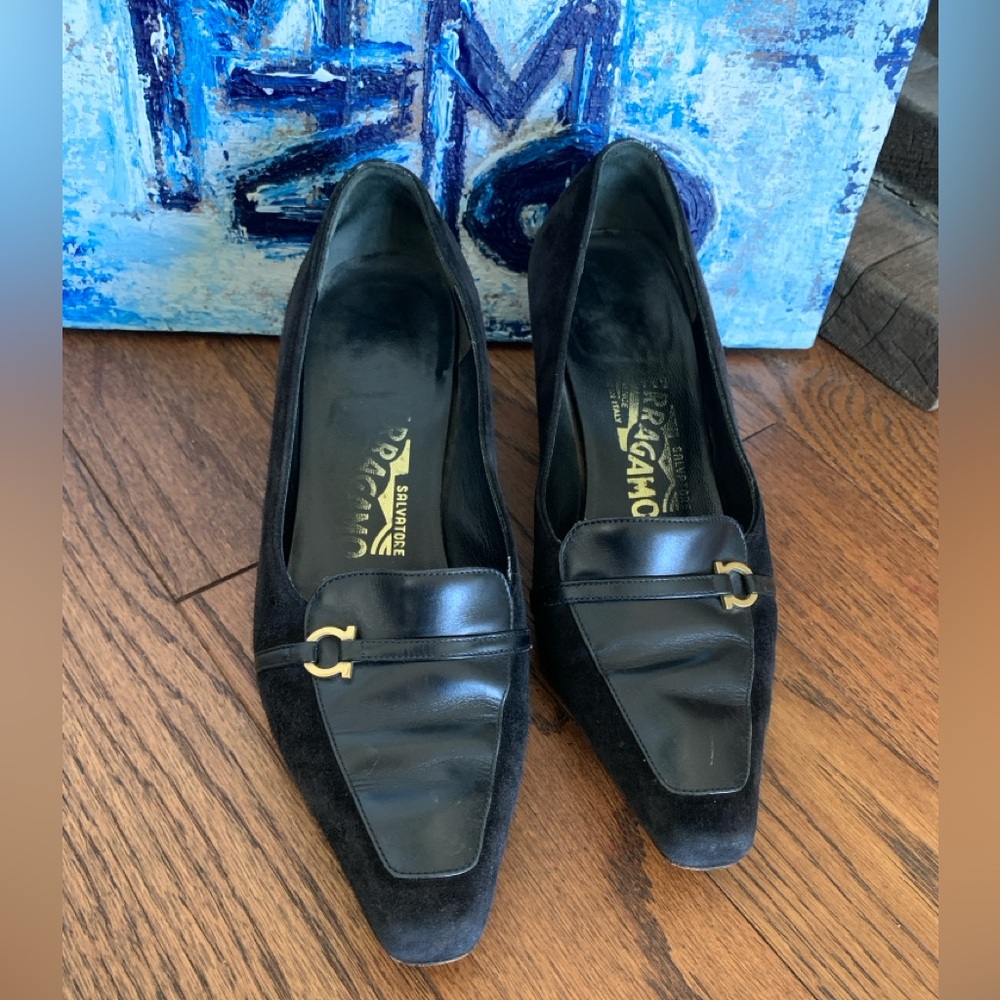 Salvatore Ferragamo Black leather & suede Slip On Low Heel Golden Embellishments